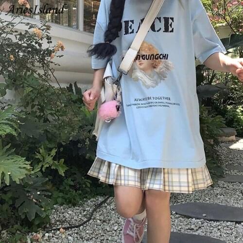 Summer Loose T-shirt Angel Pattern Printing Short sleeve t-shirts Kawaii Japanese Student Fashion Casual ins Womens clothing