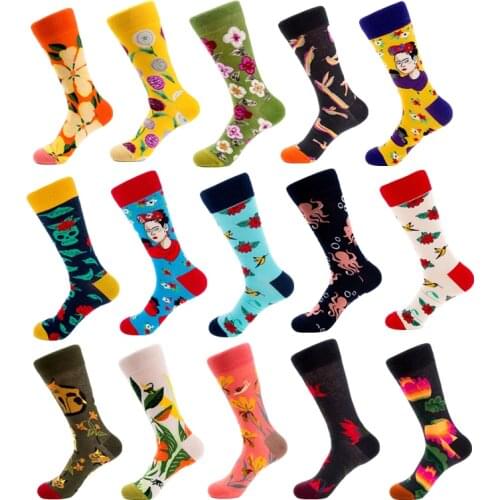 Chinese Style Women Crew Socks Combed Cotton Winter Warm Socks Jellyfish Octopus Flower Pattern Happy Funny Long Colorful Socks