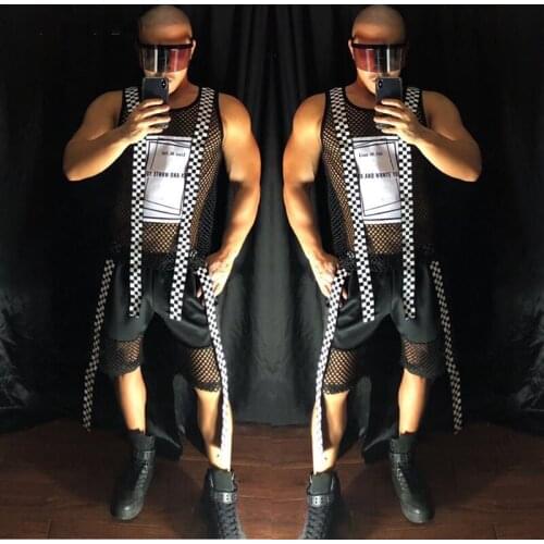 MenS New Popular Hollow Out Letters Print Vest Hip Hop Shorts Suits Jazz Clothes Male Stage Show Dance Set Gogo Cotumes XS2317