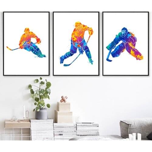 Hockey Player Poster Splash Watercolor Prints Winter Sport Wall Art Canvas Painting Player Hockey Goalie illustration Home Decor