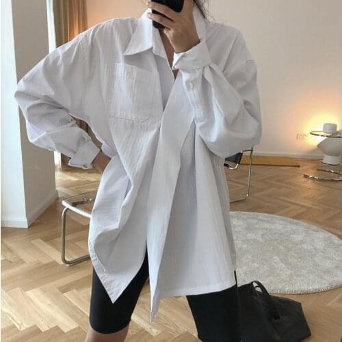 Oversized Shirts Womens Boy Friend Style Single Button Long Sleeve Lapel Loose Blouse Female Cotton Tops Korean Clothes