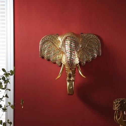 Handmade Elephant Head Wood Carving Mural Luxury gold leaf Ornaments Crafts Home Porch 3D Stereo Wall Sofa Background Decor