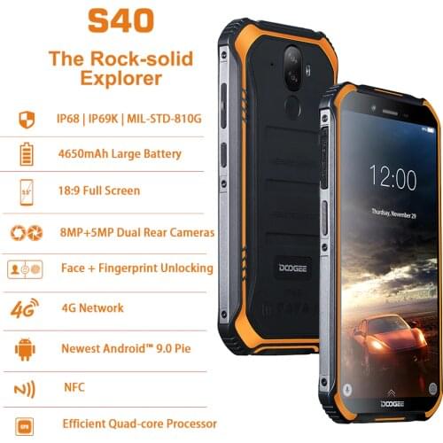 DOOGEE S40 Android 9.0 Rugged Mobile Phone 5.5inch 4650mAh MT6739 3GB RAM 32GB ROM 8.0MP IP68/IP69K Fingerprint 4G Smartphone