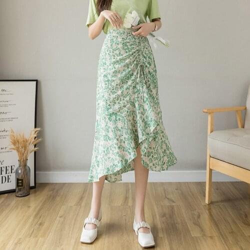 Summer Autumn Women Mid-Length Elegant Casual High-Waist Printed A-Line Chiffon Skirt Korean Fashion Clothing Mujer Faldas A123