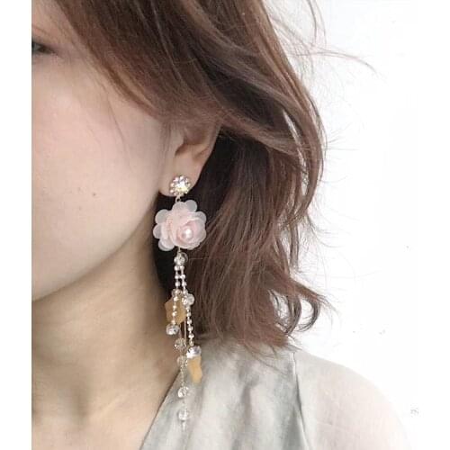 Korean Fashion Sequins Flower Inlay Crystal Long Chain Tassel Dangle Drop Earrings Girl Women Jewelry EC1701