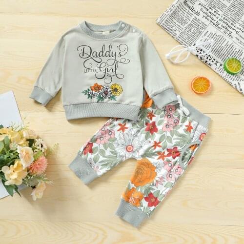 0-3Y Baby Girls Clothes Set Floral Print Long Sleeve O-neck Pullover + Drawstring Waist Trousers Spring Autumn 2Pcs Outfits