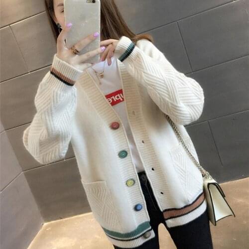 Women Autumn Winter Knit Sweater Open Stitch Coat New Pocket Casual Loose Single-breasted V-neck Stripe Korean Cardigan Outwear