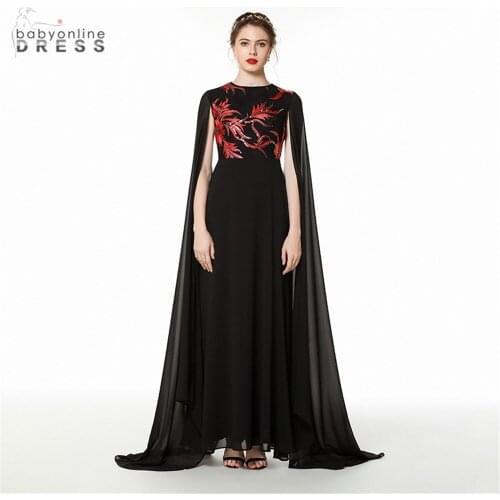 Robe Soiree Black Embroidered Long Evening Dress Cape Sleeve Female Design Fomal Evening Gown Abendkleider Robe De Longo