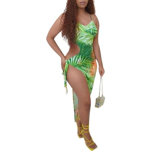 Women’s Fashion Printing Skinny Dress Sexy V-neck Backless Suspender Bandage Split Long Dress