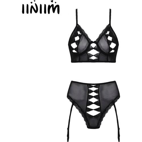 Women Hollow Out Bowknot Lingerie Suit See-through Mesh Lace Trimming Underwear Underwire Unlined Bra Tops with Garters Briefs