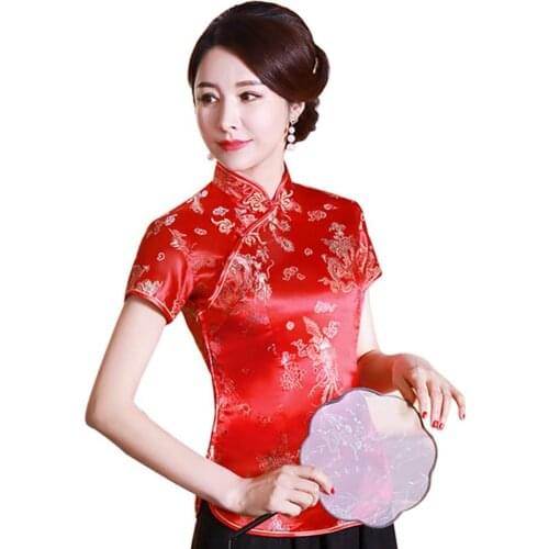 Cheongsam Top Qipao 2021 News Women Chinese Shirts Short Sleeve Stand Collar Dragon Phoenix Print Ethnic Blouse Shirt