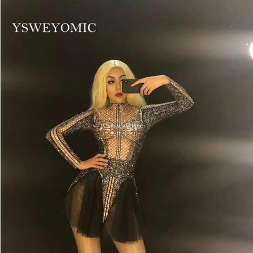 2019 Glisten Silver Rhinestones Stretch Bodysuit Women Party Dance Clothes Nightclub Celebrate Outfit Female Singer Show Outfit