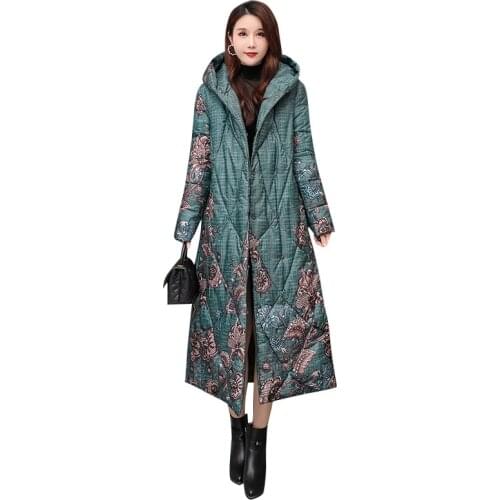 2020 winter Long thickened womens jacket down feather cotton jacket with hooded printing Slim womens warm winter snowy jacket