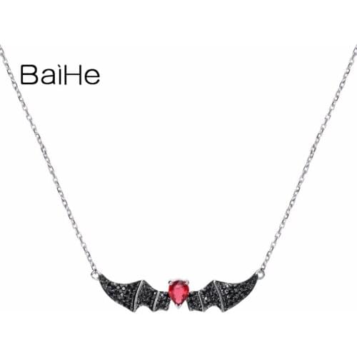 BAIHE Solid 18K White Gold 0.24ct H/SI Natural Ruby Wedding Trendy Fine Jewelry Domineering Bat Ruby Black Diamonds Necklaces