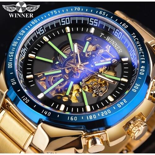 Winner Blue Light Glass New Fashion Mens Watches Black Golden Stainless Steel Waterproof Sport Automatic Watch Luminous Clock