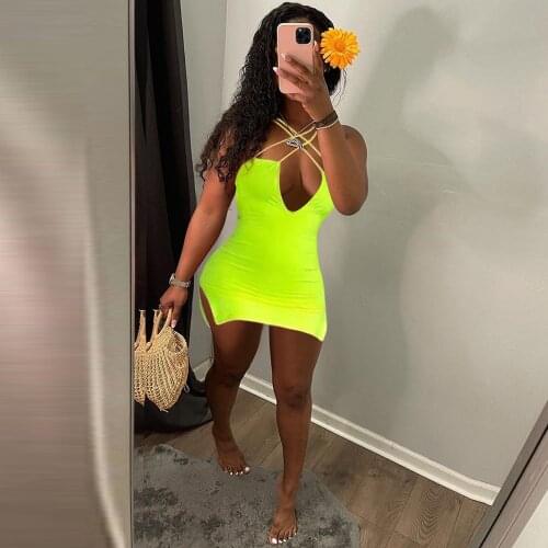 Fluorescent Green Spaghetti Strap Wrap Mini Dress Women Low Neck Sleeveless Party Club Dress Hipster Backless Side Split Dress