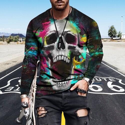 Mens Camouflage Printed Mens T-shirt 3D Skull Top T-shirt Mens Streetwear Long Sleeve Oversized T-shirt