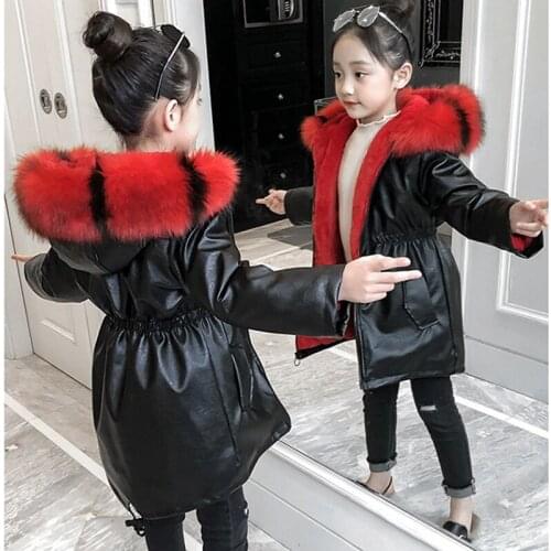 Winter Jacket for Girls Fashion Hooded Childrens Plus Velvet Fur Warm PU Leather Jacket Long Coat Kids Autumn Outerwear Clothes