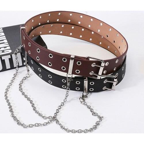 Fashion Women Punk Chain Fashion Belt Adjustable Double/Single Row Hole Eyelet Waistband with Eyelet Chain Decorative Belts