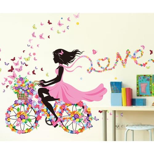 Cartoon Fairy Girl Wall Stickers DIY Flower Bicycle Wall Decals for Kids Room Baby Bedroom Nursery Home Decoration Accessories