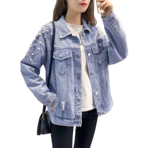 New Women Denim Jacket Korean Students Loose Spring Autumn Beaded Basic Outerwear Plus Size Womens Hole Bomber Overcoat 5XL