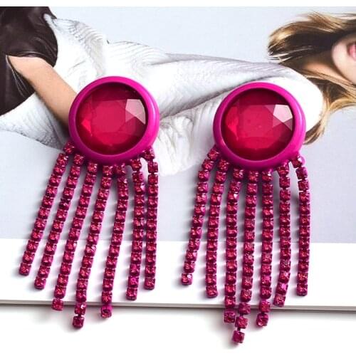 New Arrival Pink Metal Crystal Tassel Drop Earrings High Quality Long Pandent Jewelry Accessories For Women