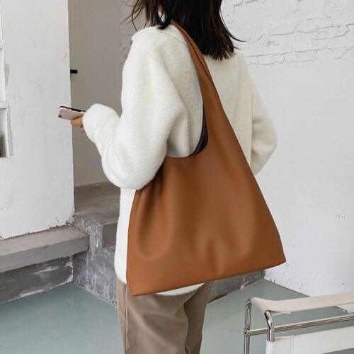 New Korean Fashion Large Capacity PU Leather Shoulder Bag for Women 2021 Trendy Solid Simple Ladies Totes Travel Purses Handbags