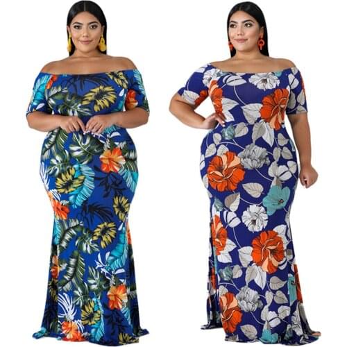 Flower Print Plus Size Dress 5xl Sexy Off Shoulder Short Sleeve Elegant Women Maxi Dresses Beach Style Wholesale Dropshipping