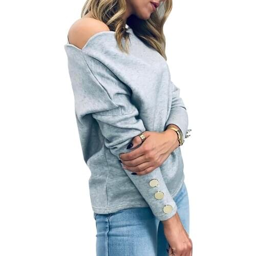 Sale Women Off-Shoulder T-Shirt Ladies Solid Button Long Sleeve Autumn Winter Warm Casual Shirt Tee Loose Sexy Top Pullover Q30