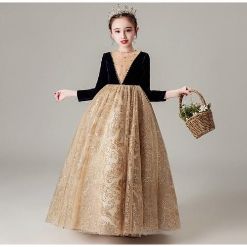 Luxury Champagne Flower Girl Dresses Illusion Princess O-Neck Lace Beading Sequined Ball Gown Floor-Length Kids Party Skirt H027