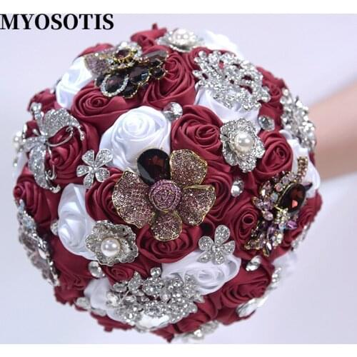 Handmade Diameter 20cm Wedding Bouquets Luxury Fuchsia Crystal Brooch Accessories Ribbon Satin Rose Wedding Flower Bouquet