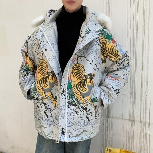 Thick Warm Jacquard Jacket Wear Fur Collar Loose Men Bomber Streetwear Hip Hop Pilot Coat Tiger Pattern Thicken Velvet