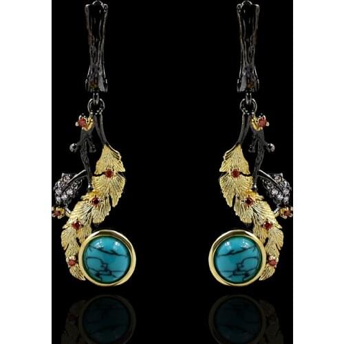 CIZEVA Bohemia Black Gold Turquoise Gemstone Pendant Earrings Vintage 925 Silver Drop Dangel Earrings Women Retro Jewelry Gift