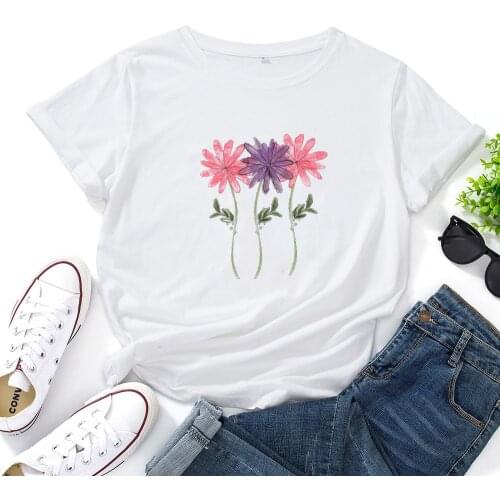 Watercolor Flower Women T Shirt Top Aesthetic Gouache Graphic Tee Woman Fashion Casual Summer Poleras Mujer Cotton Woman T-shirt