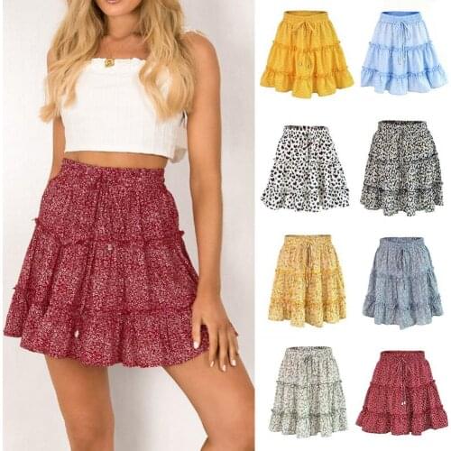 Women Summer Boho Sexy Floral Print Mini Skirt Bandage Fashion High Waist Frills Short Skirt For Women Plus Size Pleated Skirts