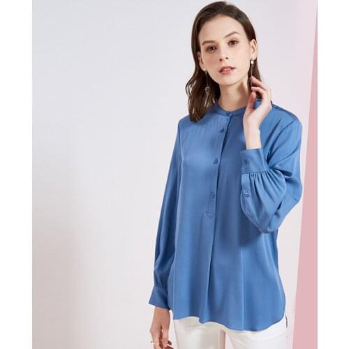 Womens Blouses and Tops Silk blue stand collar Office Formal Casual Shirts Plus Large Size Spring Summer Sexy Haut Femme loose