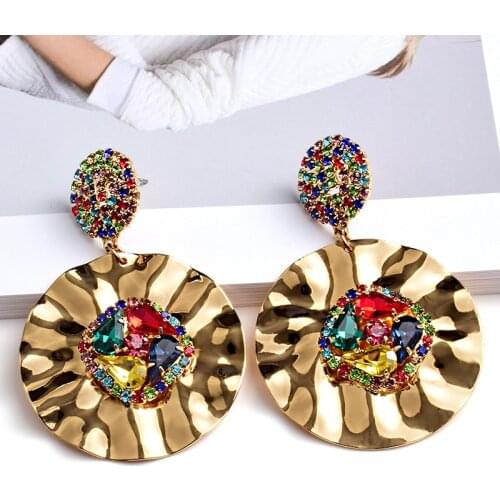 Trendy Big Metal Drop Earrings For Women Bijoux Shiny Round Crystal Geometric Dangle Earrings Jewelry Party Gifts