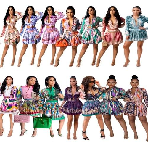 Cutubly Long Sleeve Top Women Set Print Sexy Skirt Sets For Women Clubwear Pleated Office Lady Bandage Two Piece Mini Skirt Sets