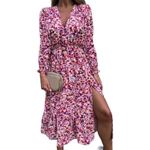 Deep V-neck Midi Dress Bohemian Women Long Sleeve Sweet Floral Print 2021 Split Party Long Dress Outfits Streetwear