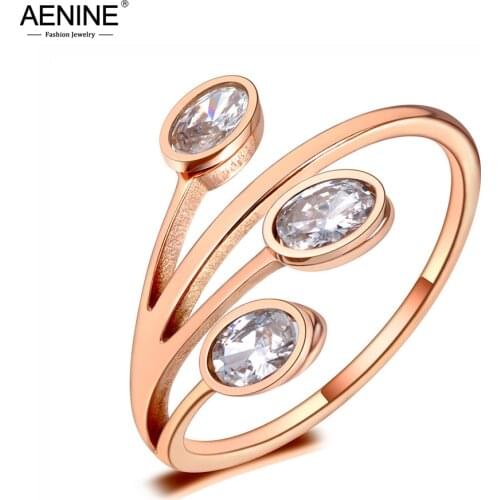 AENINE Fashion Titanium Stainless Steel Leaves Ring Rose Gold CZ Crystal Bohemia Party Rings Jewelry For Women Girls AR20001
