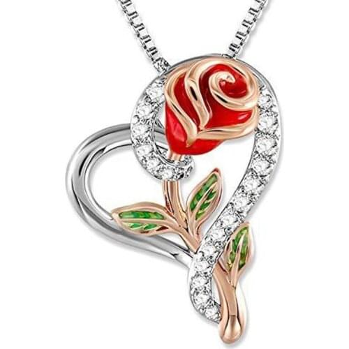 Rose Heart Necklace with Rhinestone Flower Necklace for Women Girl Valentine Gift 18+2.36 in chain CZ Crystal Love Jewelry #TJ38