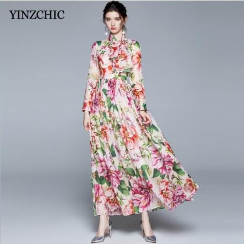 Runway Woman Chiffon Maxi Dress Sash Patched Female Floral Long Dresses Full Sleeve Autumn New Ladies Elegant Party Dress Skirt