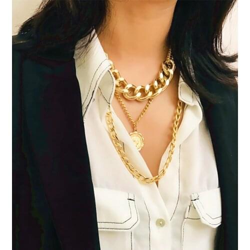 Punk Style Golden Multi-Layer Cuban Large Gold Chain Necklace Coin Pendant Clavicle Necklace European & American Style Jewelry