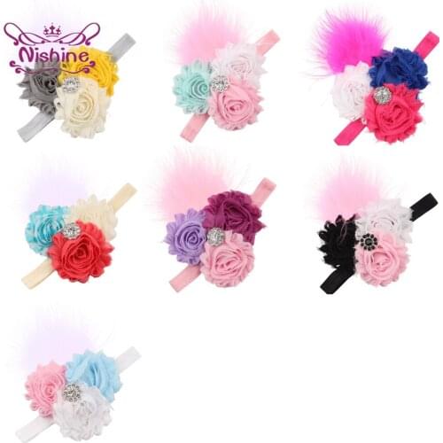1 PCS Baby Girls Fashion Handmade Chiffon Flowers Elastic Hairband with Feather Cute Princess Headwear Newborn Photography Props