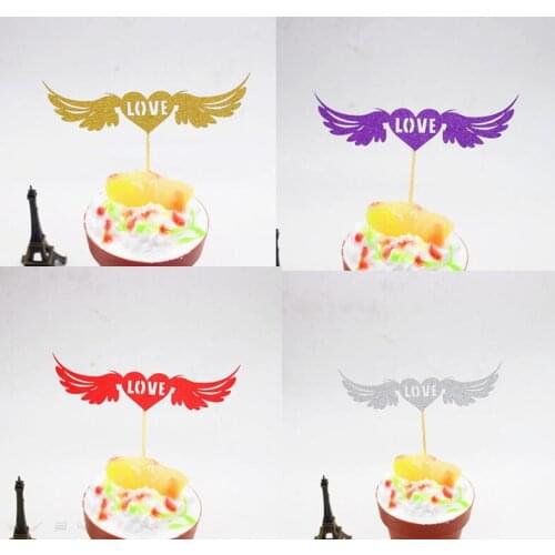 1pc DIY Cup Cake Love Heat Cake Flag Topper Multi Colors Angel Wings Flag For Wedding Birthday Party Cake Baking Decor Supplies