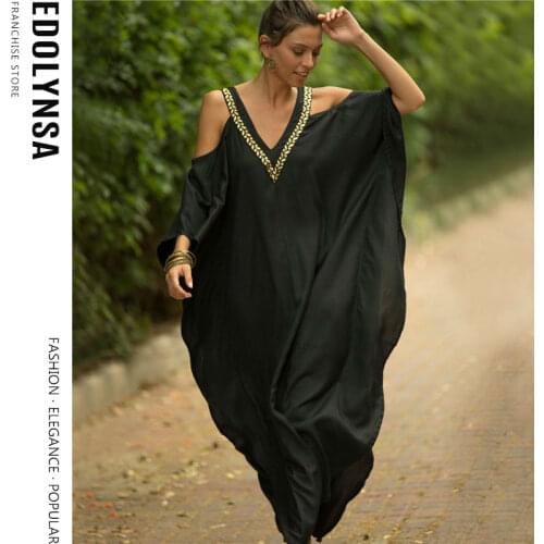 2020 Sexy Cold Shoulder V Neck Bats Sleeve Loose Summer Beach Dress Plus Size Women Beachwear Kaftan Black Cotton Dress Q943