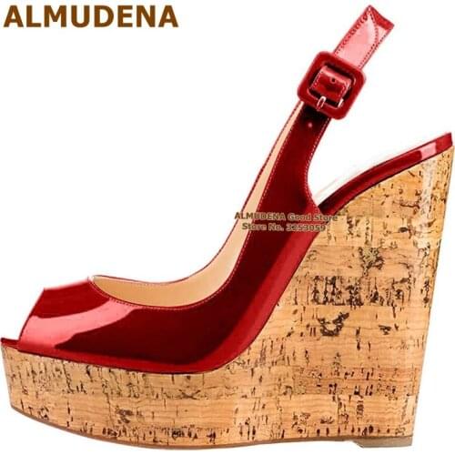 ALMUDENA Burgundy Patent Leather Open Toe Wedding Shoes Wood Wedge Heels Platform Banquet Shoes Square Buckle Embellished Pumps