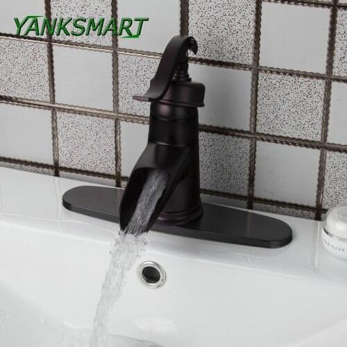 YANKSMART Retro Antique Oil Rubbed Bronze Bathroom Sink Waterfall Spout Mixer Faucet with Match Hole Cover Plate