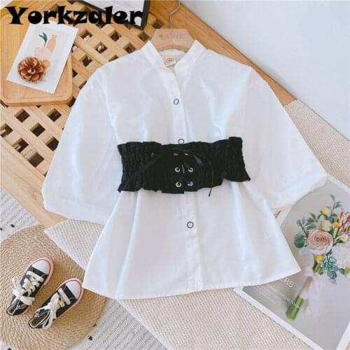 Girls White Blouse Shirt Spring Autumn Baby Girls Shirt with Black Belt Children Tops Shirt Long-Sleeve Kids Shirt Clothing
