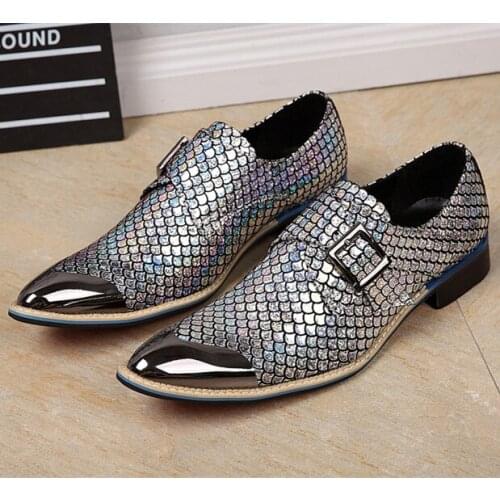 Christia Bella British Style Metal Pointed Toe Man Plus Size Shoes Fashion Ichthyosis Genuine Leather Buckle Mens Party Shoes